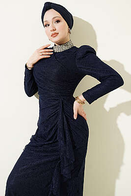 Dantelli Büzgülü Taşlı Abiye Elbise Lacivert - Elbise