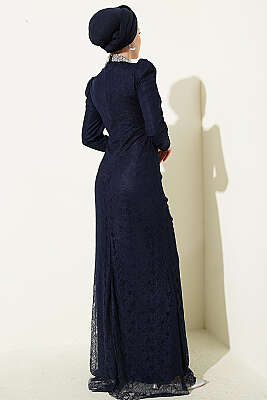 Dantelli Büzgülü Taşlı Abiye Elbise Lacivert - Elbise