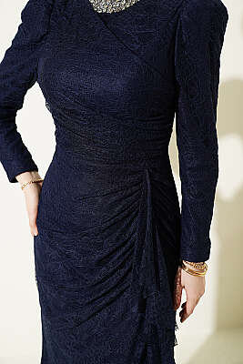 Dantelli Büzgülü Taşlı Abiye Elbise Lacivert - Elbise