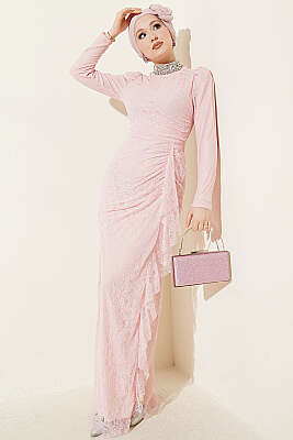 Dantelli Büzgülü Taşlı Abiye Elbise Pudra - CNR TEKSTİL