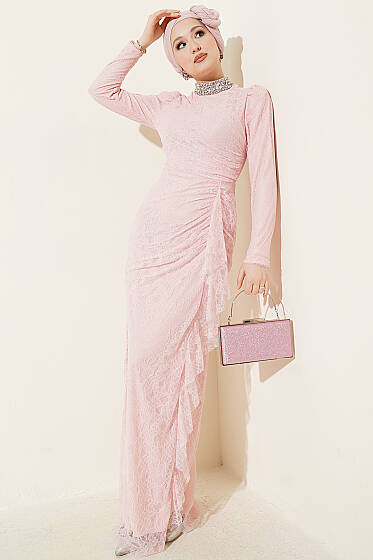 Dantelli Büzgülü Taşlı Abiye Elbise Pudra - Elbise