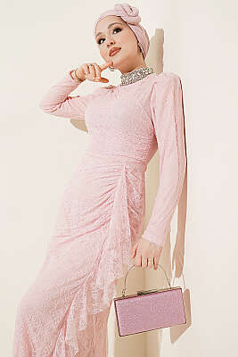 Dantelli Büzgülü Taşlı Abiye Elbise Pudra - Elbise