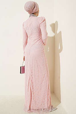 Dantelli Büzgülü Taşlı Abiye Elbise Pudra - Elbise