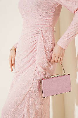 Dantelli Büzgülü Taşlı Abiye Elbise Pudra - Elbise