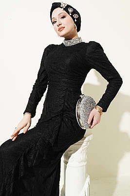 Dantelli Büzgülü Taşlı Abiye Elbise Siyah - CNR TEKSTİL