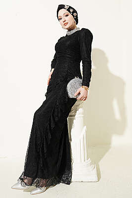 Dantelli Büzgülü Taşlı Abiye Elbise Siyah - Elbise