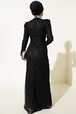 Dantelli Büzgülü Taşlı Abiye Elbise Siyah - Elbise