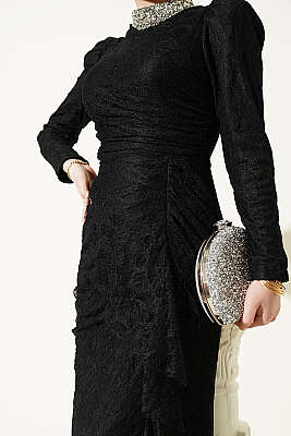 Dantelli Büzgülü Taşlı Abiye Elbise Siyah - Elbise