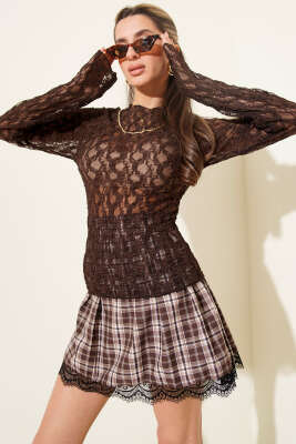 Dantelli Büzgülü Transparan Bluz Kahve - CALİENTE