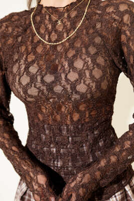 Dantelli Büzgülü Transparan Bluz Kahve - Kadın Giyim Modelleri