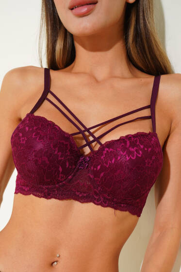 Dantelli Çapraz Sütyen Mürdüm - Dantelli Sütyen