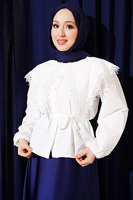 Dantelli Denizci Yaka İp Kuşaklı Kısa Gömlek Ekru - DUFON