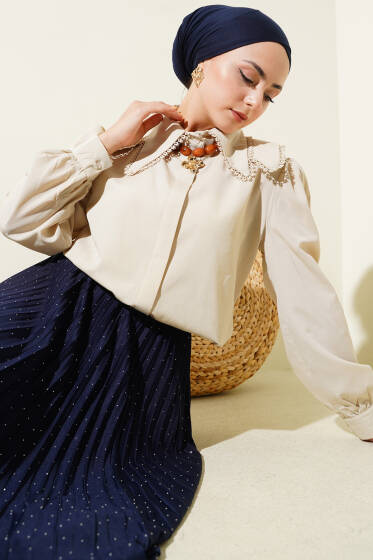 Dantelli Denizci Yaka Kısa Gömlek Bej - Gömlek