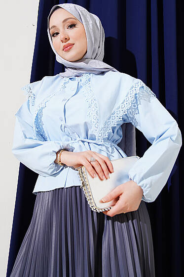 Dantelli Denizci Yaka Kısa Poplin Gömlek Bebe Mavi - 500-700 TL Ürünler