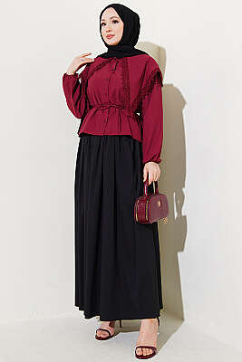Dantelli Denizci Yaka Kısa Poplin Gömlek Bordo - 500-700 TL Ürünler