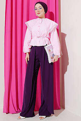 Dantelli Denizci Yaka Kısa Poplin Gömlek Pembe - 500-700 TL Ürünler
