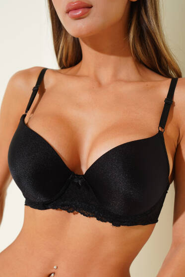 Dantelli Destekli Parlak Sütyen Siyah - Destekli / Push Up Sütyen