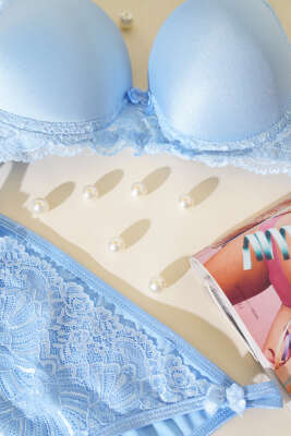 Dantelli Destekli Parlak Sütyen Takım Bebe Mavi - İndirim İç Giyim