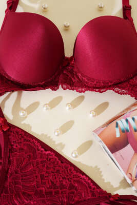 Dantelli Destekli Parlak Sütyen Takım Bordo - İndirim İç Giyim