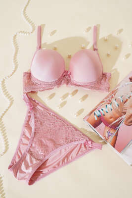 Dantelli Destekli Parlak Sütyen Takım Gül Kurusu - ECEM YILDIZ