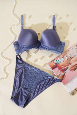 Dantelli Destekli Parlak Sütyen Takım İndigo - ECEM YILDIZ