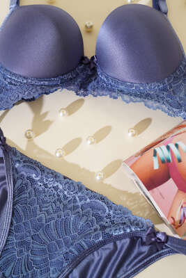 Dantelli Destekli Parlak Sütyen Takım İndigo - İndirim İç Giyim