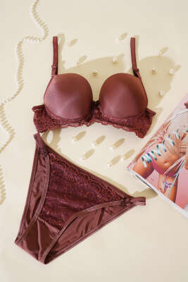 Dantelli Destekli Parlak Sütyen Takım Kahverengi - ECEM YILDIZ