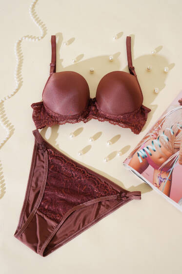 Dantelli Destekli Parlak Sütyen Takım Kahverengi - İndirim İç Giyim