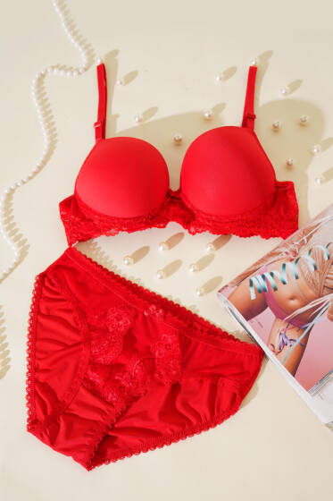 Dantelli Destekli Parlak Sütyen Takım Kırmızı - İndirim İç Giyim