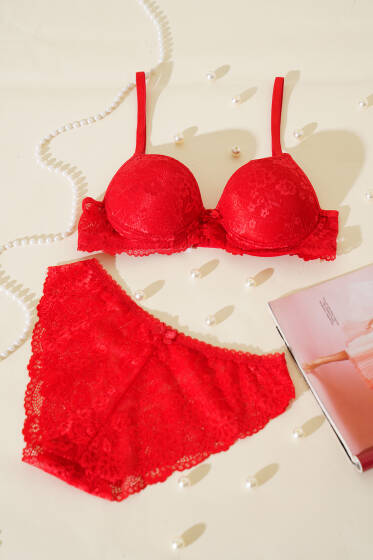 Dantelli Destekli Sütyen Takım Kırmızı - Destekli Sütyen Takım