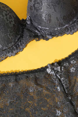 Dantelli Desteksiz Sütyen Takım Antrasit - İndirim İç Giyim