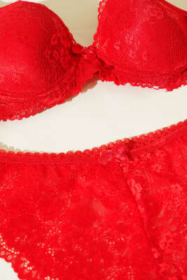 Dantelli Desteksiz Sütyen Takım Kırmızı - Yılın Fırsatı