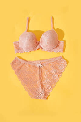 Dantelli Desteksiz Sütyen Takım Pudra - İndirim İç Giyim