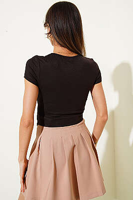 Dantelli Detaylı V Yaka Crop Kahve - Kadın Giyim Modelleri