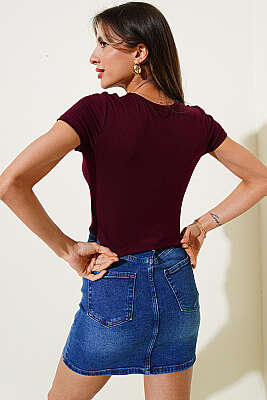 Dantelli Detaylı V Yaka Crop Mürdüm - Kadın Giyim Modelleri