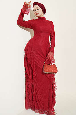 Dantelli Etek Fırfırlı Abiye Elbise Bordo - CNR TEKSTİL