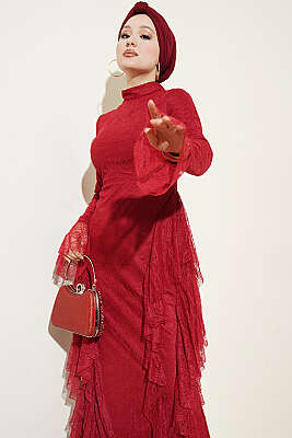 Dantelli Etek Fırfırlı Abiye Elbise Bordo - Elbise