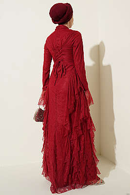 Dantelli Etek Fırfırlı Abiye Elbise Bordo - Elbise