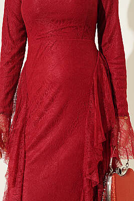 Dantelli Etek Fırfırlı Abiye Elbise Bordo - Elbise