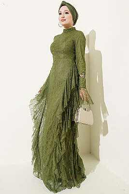 Dantelli Etek Fırfırlı Abiye Elbise Haki - CNR TEKSTİL