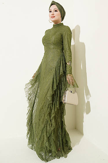 Dantelli Etek Fırfırlı Abiye Elbise Haki - Elbise
