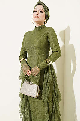 Dantelli Etek Fırfırlı Abiye Elbise Haki - Elbise