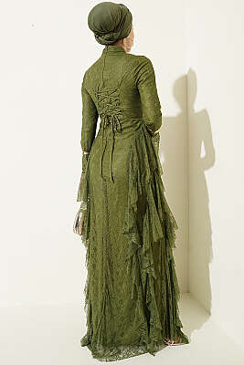 Dantelli Etek Fırfırlı Abiye Elbise Haki - Elbise