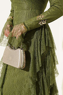 Dantelli Etek Fırfırlı Abiye Elbise Haki - Elbise