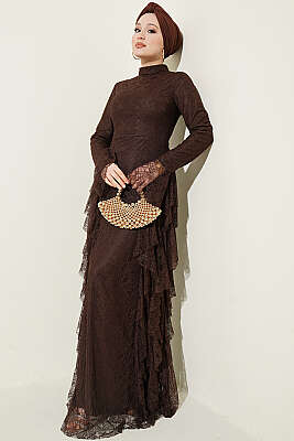 Dantelli Etek Fırfırlı Abiye Elbise Kahve - CNR TEKSTİL