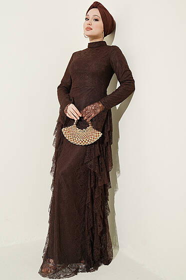 Dantelli Etek Fırfırlı Abiye Elbise Kahve - Elbise