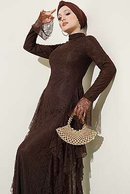 Dantelli Etek Fırfırlı Abiye Elbise Kahve - Elbise