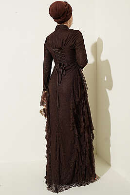 Dantelli Etek Fırfırlı Abiye Elbise Kahve - Elbise