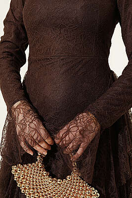 Dantelli Etek Fırfırlı Abiye Elbise Kahve - Elbise