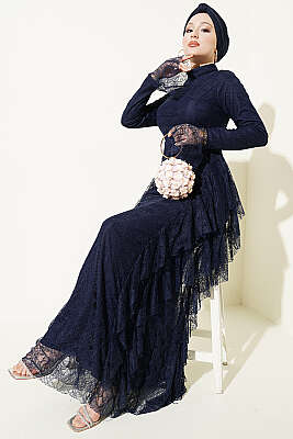 Dantelli Etek Fırfırlı Abiye Elbise Lacivert - CNR TEKSTİL